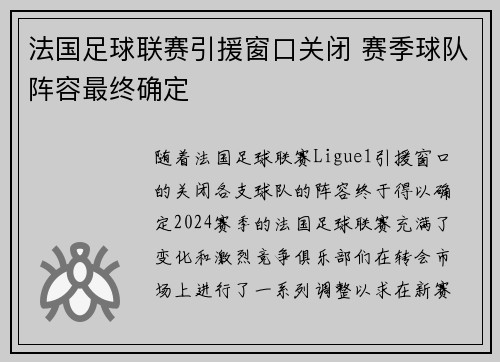 法国足球联赛引援窗口关闭 赛季球队阵容最终确定