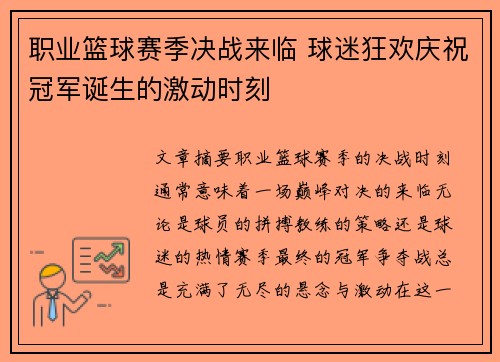 职业篮球赛季决战来临 球迷狂欢庆祝冠军诞生的激动时刻