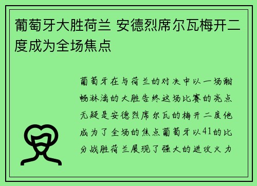 葡萄牙大胜荷兰 安德烈席尔瓦梅开二度成为全场焦点