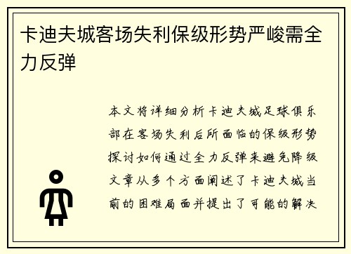 卡迪夫城客场失利保级形势严峻需全力反弹