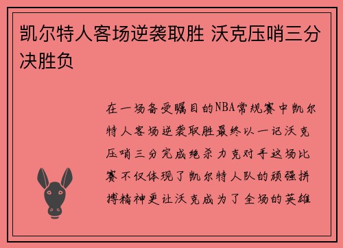 凯尔特人客场逆袭取胜 沃克压哨三分决胜负