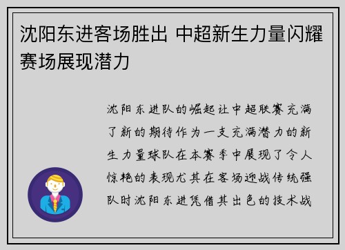 沈阳东进客场胜出 中超新生力量闪耀赛场展现潜力