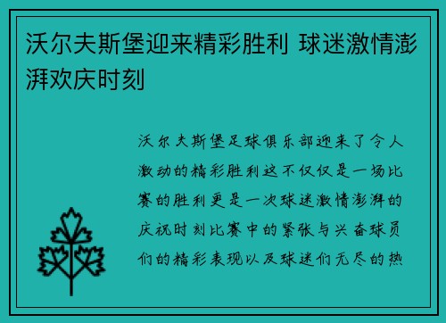 沃尔夫斯堡迎来精彩胜利 球迷激情澎湃欢庆时刻