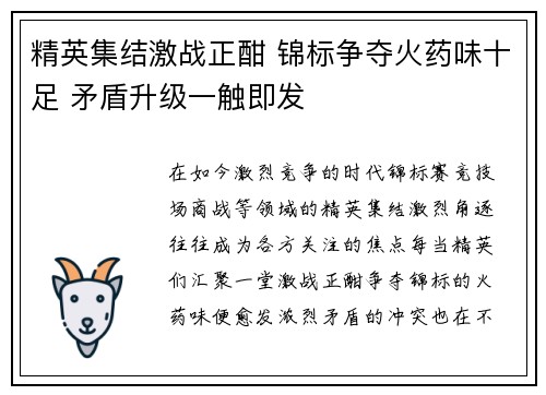 精英集结激战正酣 锦标争夺火药味十足 矛盾升级一触即发