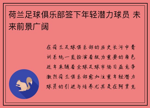 荷兰足球俱乐部签下年轻潜力球员 未来前景广阔