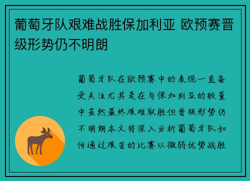 葡萄牙队艰难战胜保加利亚 欧预赛晋级形势仍不明朗