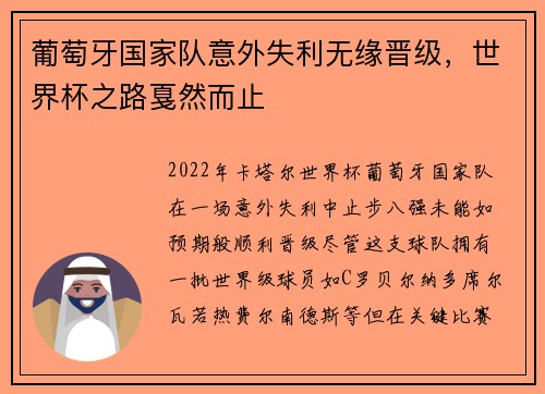 葡萄牙国家队意外失利无缘晋级，世界杯之路戛然而止