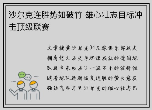 沙尔克连胜势如破竹 雄心壮志目标冲击顶级联赛