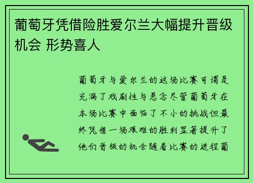 葡萄牙凭借险胜爱尔兰大幅提升晋级机会 形势喜人